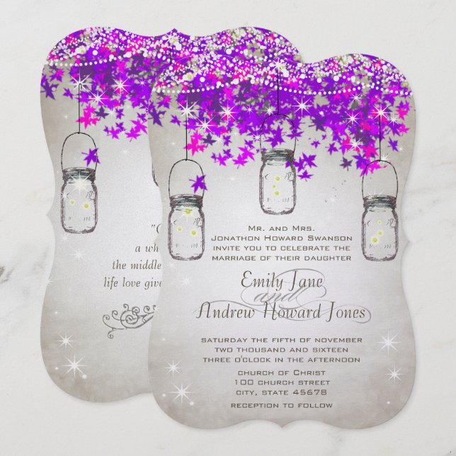 Rustic Romantic Mason Jar Radiant Purple Tree Invitation (Front/Back)