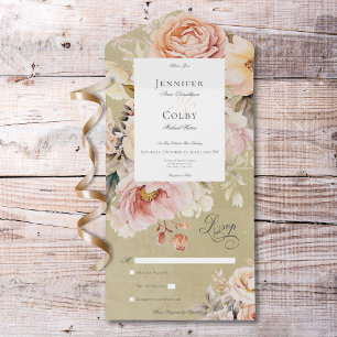 Rustic Romantic Pink & Blush Roses Green No Dinner All In One Invitation