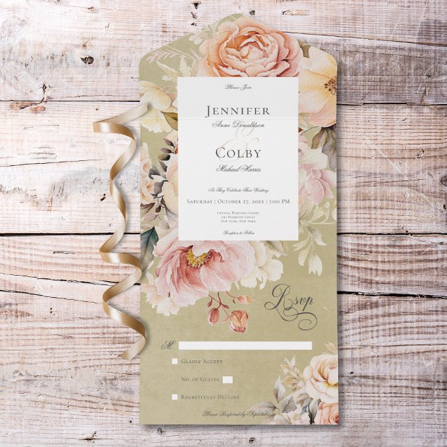 Rustic Romantic Pink & Blush Roses Green No Dinner All In One Invitation (Rustic Romantic Pink & Blush Roses Green No Dinner All In One Invitation)