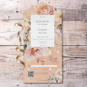 Rustic Romantic Pink & Blush Roses Peach QR Code All In One Invitation