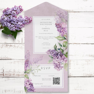 Rustic Romantic Purple & Sage Lilacs QR Code All In One Invitation