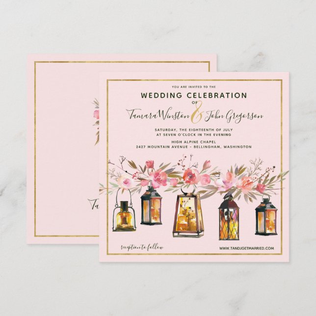 Rustic Romantic Rose Gold Lanterns Floral Wedding Invitation (Front/Back)