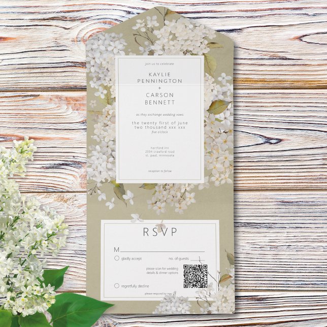 Rustic Romantic White Lilacs on Sage QR Code All In One Invitation (Rustic Romantic White Lilacs on Sage QR Code All In One Invitation)