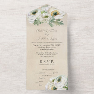 Rustic Romantic White Ranunculus All In One Invitation