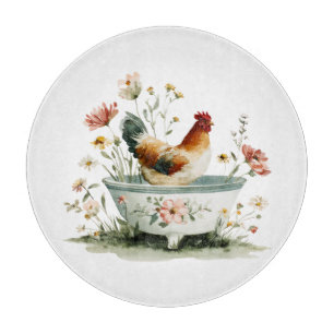 Rustic Rooster and Hen Floral   Cutting Board