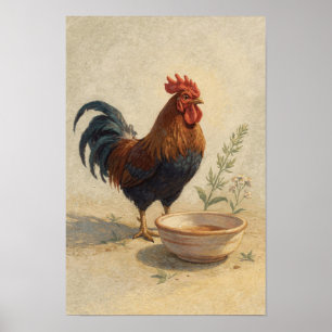 Rustic Rooster by Earthenware Bowl Poster