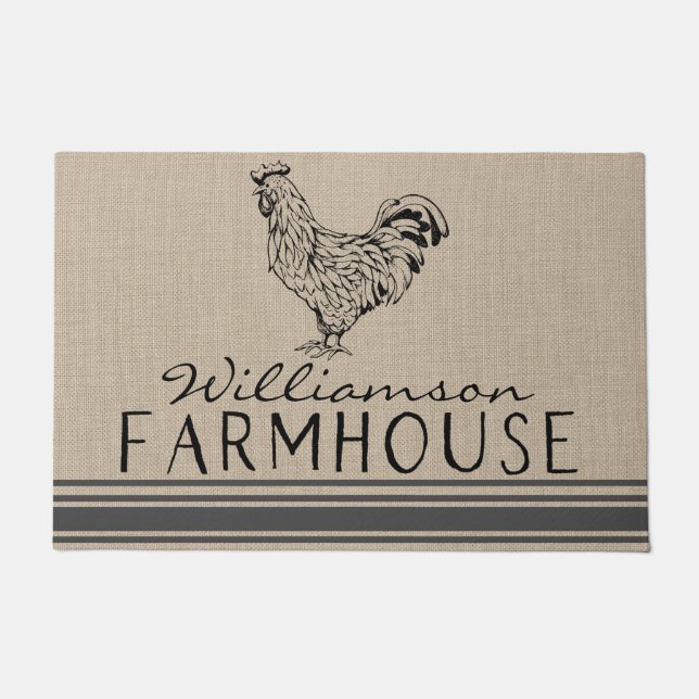 Rustic Rooster Farmhouse Family Name Doormat  (Front)