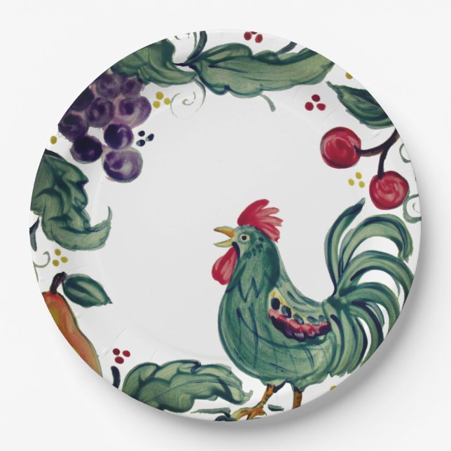 Rustic Rooster & Fruit Colourful Tuscan Farmhouse Paper Plate (Front)