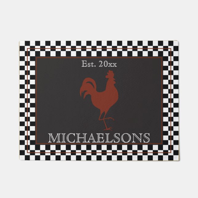 Rustic Rooster with Black | White Checks Name Doormat (Front)