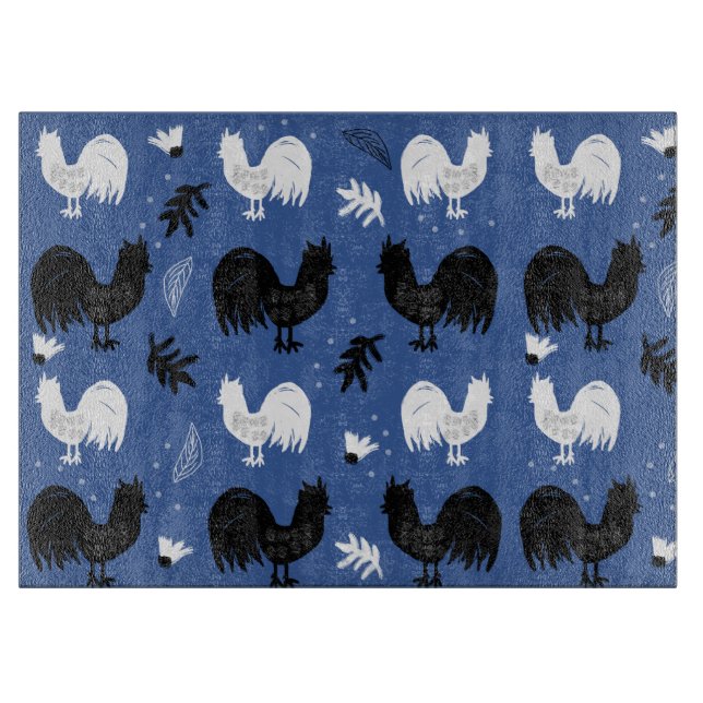 Rustic Roosters Farm Hand Drawn Pattern Cutting Board (Front)