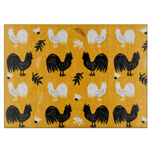 Rustic Roosters Farm Hand Drawn Pattern Cutting Board