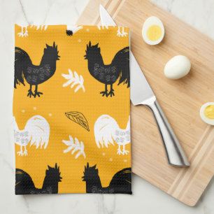 Rustic Roosters Farm Hand Drawn Pattern Kitchen Towel