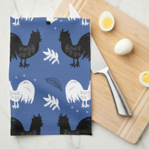 Rustic Roosters Farm Hand Drawn Pattern Kitchen Towel