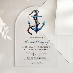 Rustic Rope Navy Blue Anchor Nautical Wedding Acrylic Invitations