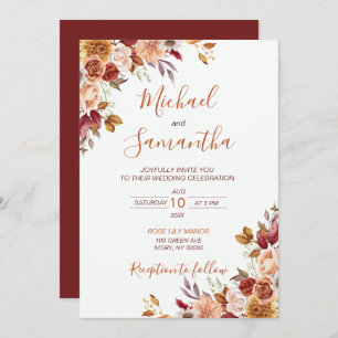 Rustic Rose and Chrysanthemum Fall Wedding Invitation