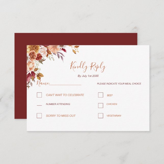Rustic Rose and Chrysanthemum Fall Wedding RSVP Card (Front/Back)