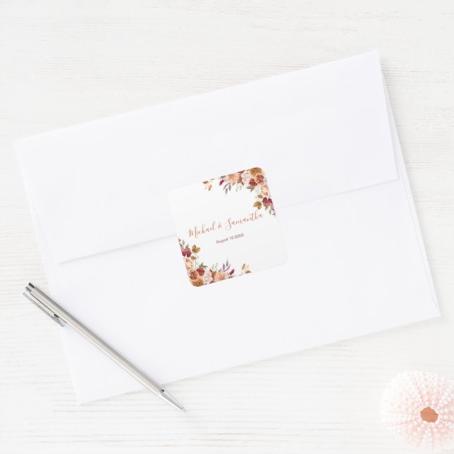 Rustic Rose and Chrysanthemum Fall Wedding Square Sticker (Envelope)