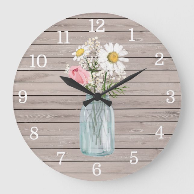 Rustic Rose & Daisies Mason Jar Clock (Front)