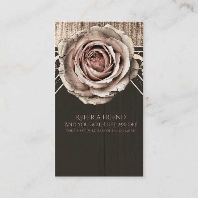 Rustic Rose Elegant Wood Diamond Refer a Friend Referral Card (Front)