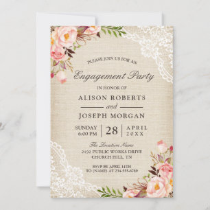 Rustic Rose Floral Burlap Lace Engagement Party Invitation