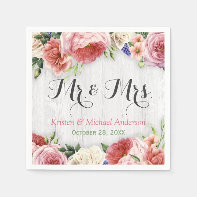 Rustic Rose Flowers White Wood Wedding Monogram Napkin (Front)