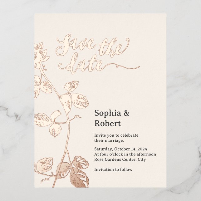 Rustic Rose Gold Floral Wedding Save the date Foil Invitation Postcard (Front)