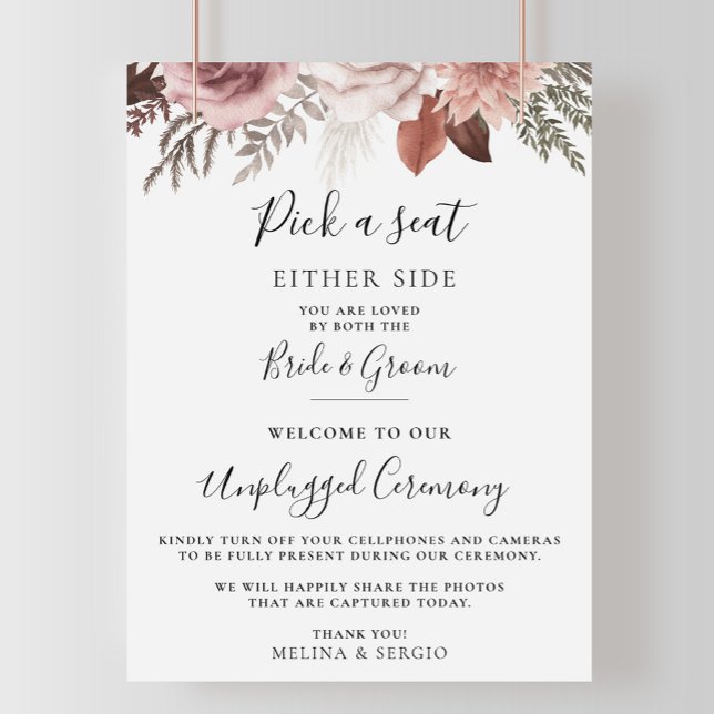 Rustic Rose Gold Floral Wedding Unplugged Ceremony Poster (Creator Uploaded)