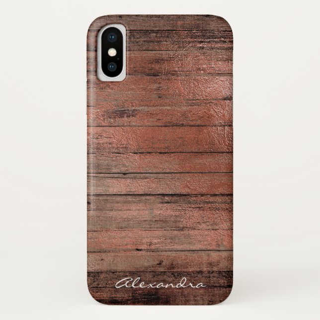 Rustic Rose Gold Foil Wood Monogram Girly Case-Mate iPhone Case (Back)