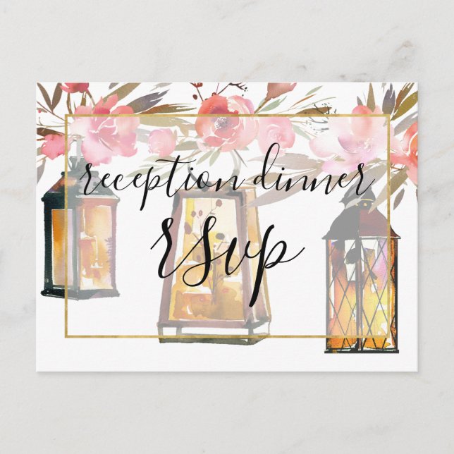 Rustic Rose Gold Lanterns Reception Dinner RSVP Invitation Postcard (Front)