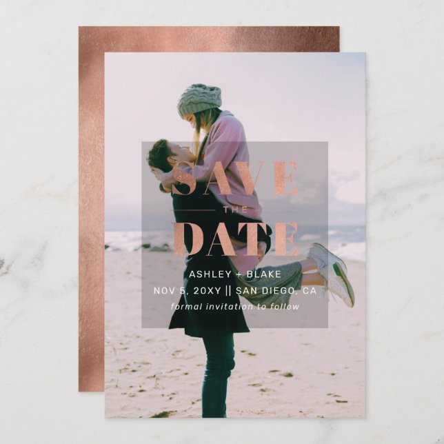 Rustic Rose Gold Minimal Modern Photo Save The Date (Front/Back)