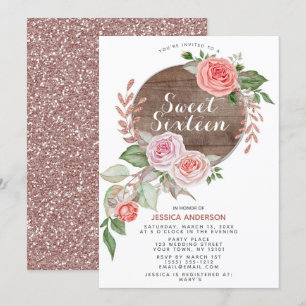 Rustic Rose Gold Pink Glitter Sweet Sixteen Invitation