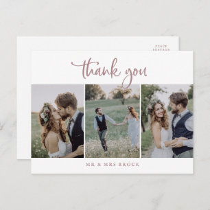 Rustic Rose Gold Script 3 Photo Template Thank You Postcard