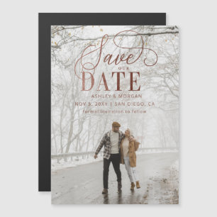 Rustic Rose Gold Script Photo Save the Date Magnetic Invitation