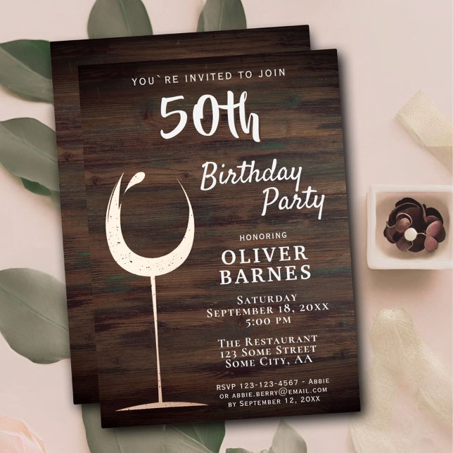 Rustic Rose Gold Wine Glass Wood 50th Birthday (Creator Uploaded)