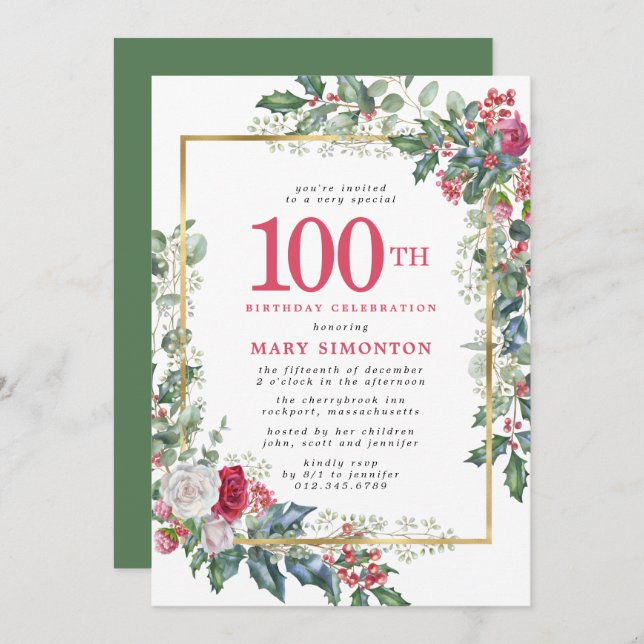 Rustic Rose Holly Berries 100th Birthday Party Invitation (Front/Back)