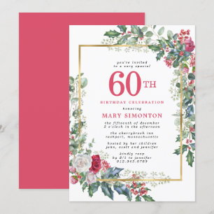 Rustic Rose Holly Berries 60th Birthday Party Invitation