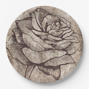 Rustic Rose Ink Drawing Paper Plate