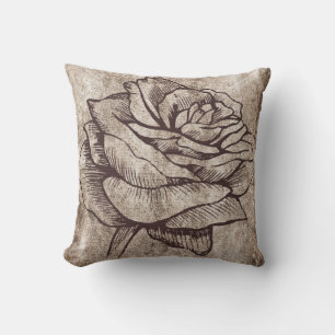 Rustic Rose Ink Drawing Throw Pillow