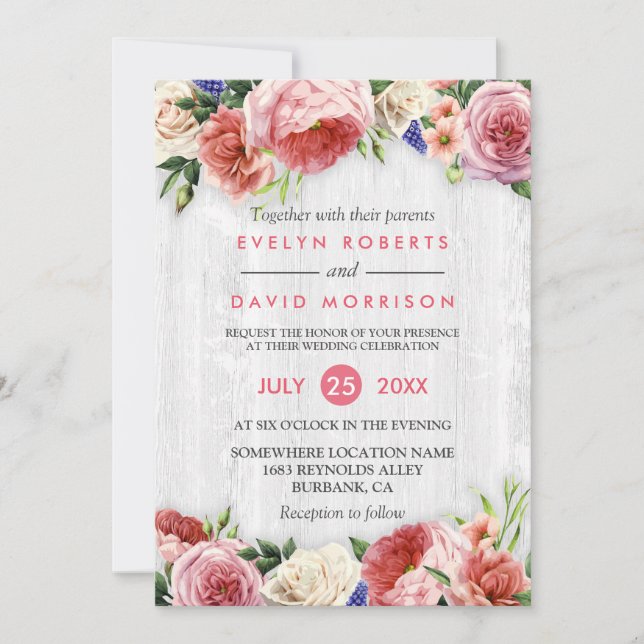 Rustic Rose Pink Floral Chic White Wood Wedding Invitation (Front)