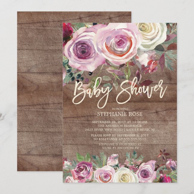 Rustic Rose Purple Floral Baby Shower Invitation (Front/Back)