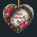 Rustic Rose Valentine's Day Heart Shaped Ornament<br><div class="desc">Decorate your home and Valentine's Day tree with this pretty ornament. This heart shaped ornament features a rustic wreath with pink roses and Happy Valentine's Day greeting.  (AI generated image)</div>