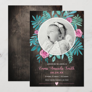 Rustic rose watercolor babygirl Birth announcement