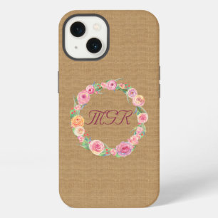 Rustic Rose Wreath Monogram on Burlap iPhone 13 Case