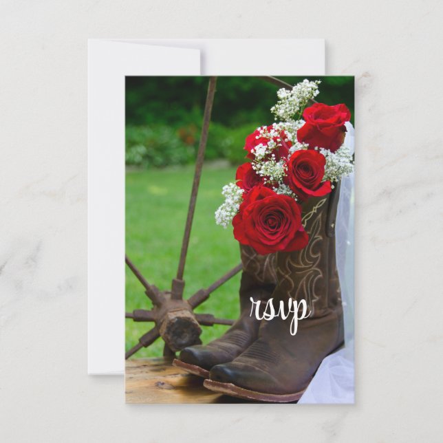 Rustic Roses Cowboy Boots Country Wedding RSVP Card (Front)