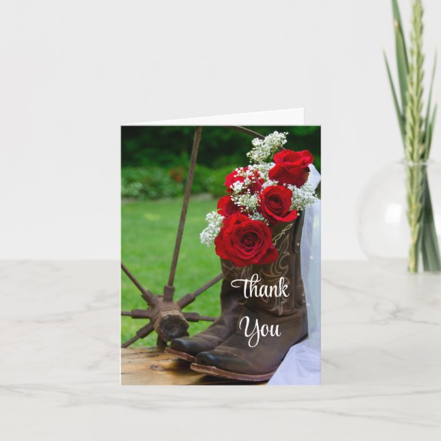 Rustic Roses Cowboy Boots Wedding Thank You (Front)