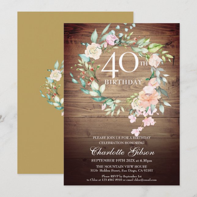 Rustic Roses Garland Monogram 40th Birthday Invitation (Front/Back)