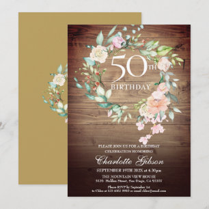 Rustic Roses Garland Monogram 50th Birthday Invitation