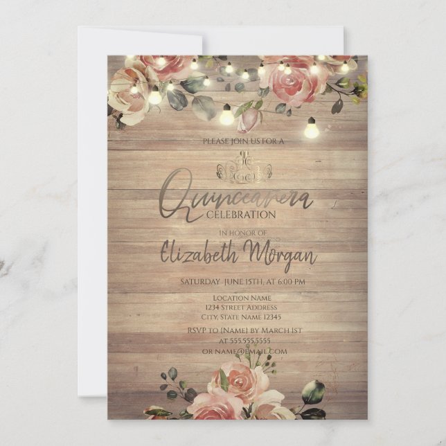Rustic Roses Lights,Tiara,Diamonds Quinceañera Invitation (Front)