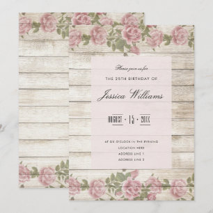 Rustic Roses On Wood 25th Birthday Party Invitation