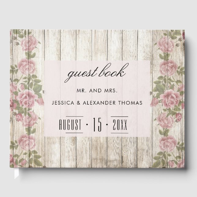 Rustic Roses On Wood Wedding Guest Book (Front)